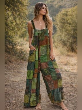 Kathmandu Imports Patchwork Overalls Wide Leg Boho Festival Jumpsuit XL